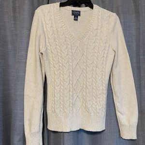 Chaps white rope sweater, metallic glints in it.